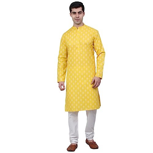 Jompers Men's Cotton Floral printed Kurta Pyjama Set (Lemon, M) - Image 1