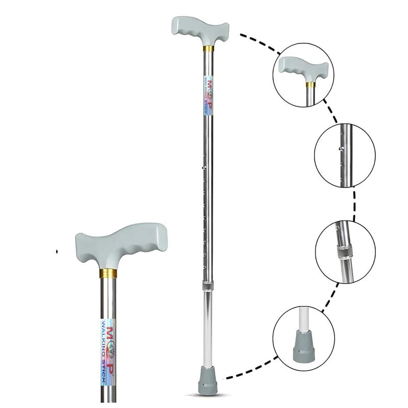 MCP Jindal Premium Height Adjustable Walking Stick Aluminium Cane Trekking Support Stick for Men, Women & Old People (Silver) - Image 1