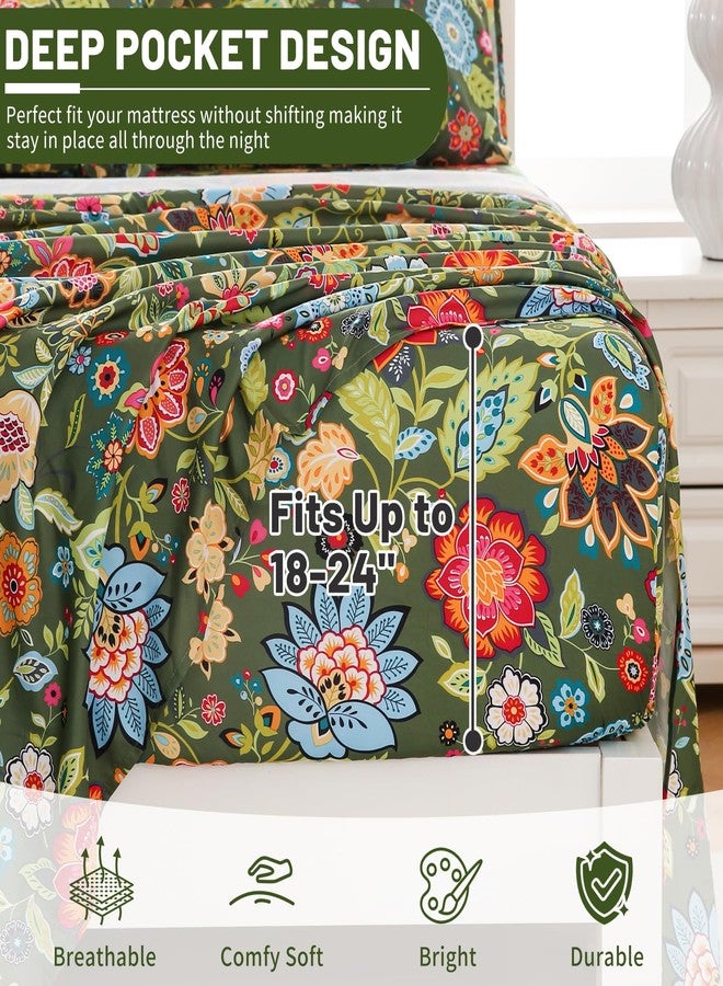 Bedlifes Queen Size Deep Pocket Sheet Sets-Fits Mattresses Up to 18-24" Thick 22"-4 PC Microfiber Extra Deep Pocket Sheets-1800 Thread Count Soft Smooth Breathable Spring Floral Dark Green(Queen) - Image 2