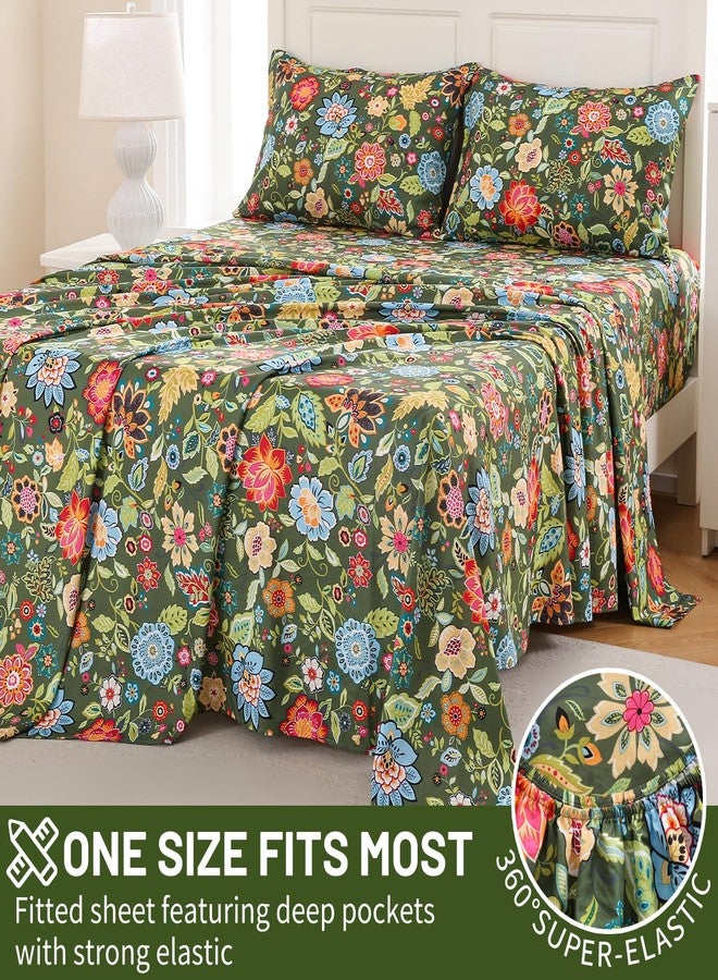 Bedlifes Queen Size Deep Pocket Sheet Sets-Fits Mattresses Up to 18-24" Thick 22"-4 PC Microfiber Extra Deep Pocket Sheets-1800 Thread Count Soft Smooth Breathable Spring Floral Dark Green(Queen) - Image 4