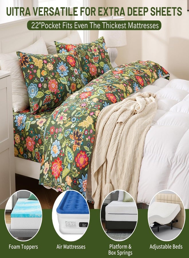 Bedlifes Queen Size Deep Pocket Sheet Sets-Fits Mattresses Up to 18-24" Thick 22"-4 PC Microfiber Extra Deep Pocket Sheets-1800 Thread Count Soft Smooth Breathable Spring Floral Dark Green(Queen) - Image 5
