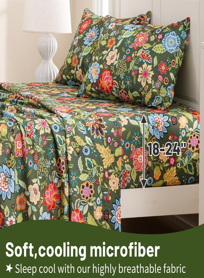 Bedlifes Queen Size Deep Pocket Sheet Sets-Fits Mattresses Up to 18-24" Thick 22"-4 PC Microfiber Extra Deep Pocket Sheets-1800 Thread Count Soft Smooth Breathable Spring Floral Dark Green(Queen) - Image 3