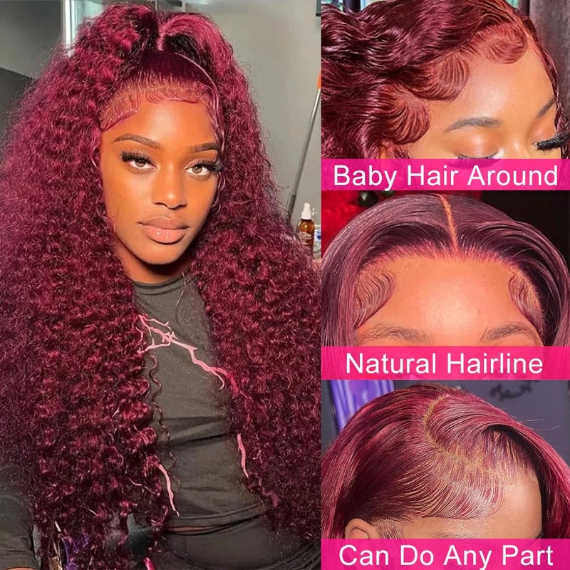 Pizazz 99J HD Lace Front Wigs Human Hair Pre Plucked 180 Density Burgundy Deep Wave Frontal Wigs 13x4 Natural Hairline Human Hair Wigs for Black Women(24 Inch) - Image 3