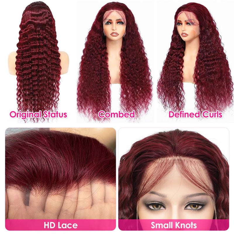Pizazz 99J HD Lace Front Wigs Human Hair Pre Plucked 180 Density Burgundy Deep Wave Frontal Wigs 13x4 Natural Hairline Human Hair Wigs for Black Women(24 Inch) - Image 2
