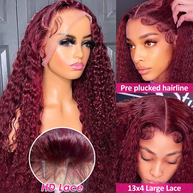 Pizazz 99J HD Lace Front Wigs Human Hair Pre Plucked 180 Density Burgundy Deep Wave Frontal Wigs 13x4 Natural Hairline Human Hair Wigs for Black Women(24 Inch) - Image 4