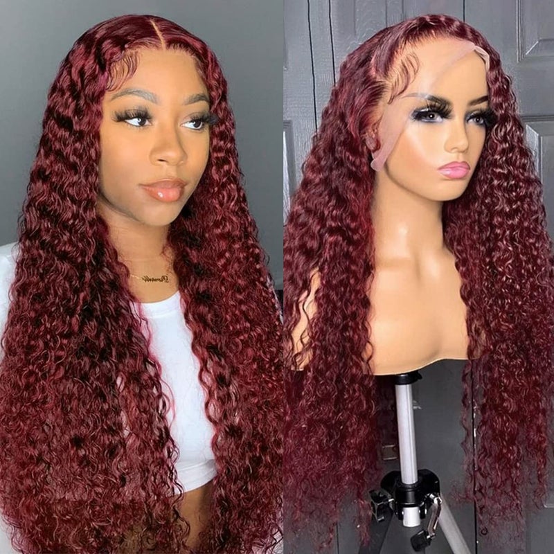 Pizazz 99J HD Lace Front Wigs Human Hair Pre Plucked 180 Density Burgundy Deep Wave Frontal Wigs 13x4 Natural Hairline Human Hair Wigs for Black Women(24 Inch) - Image 1