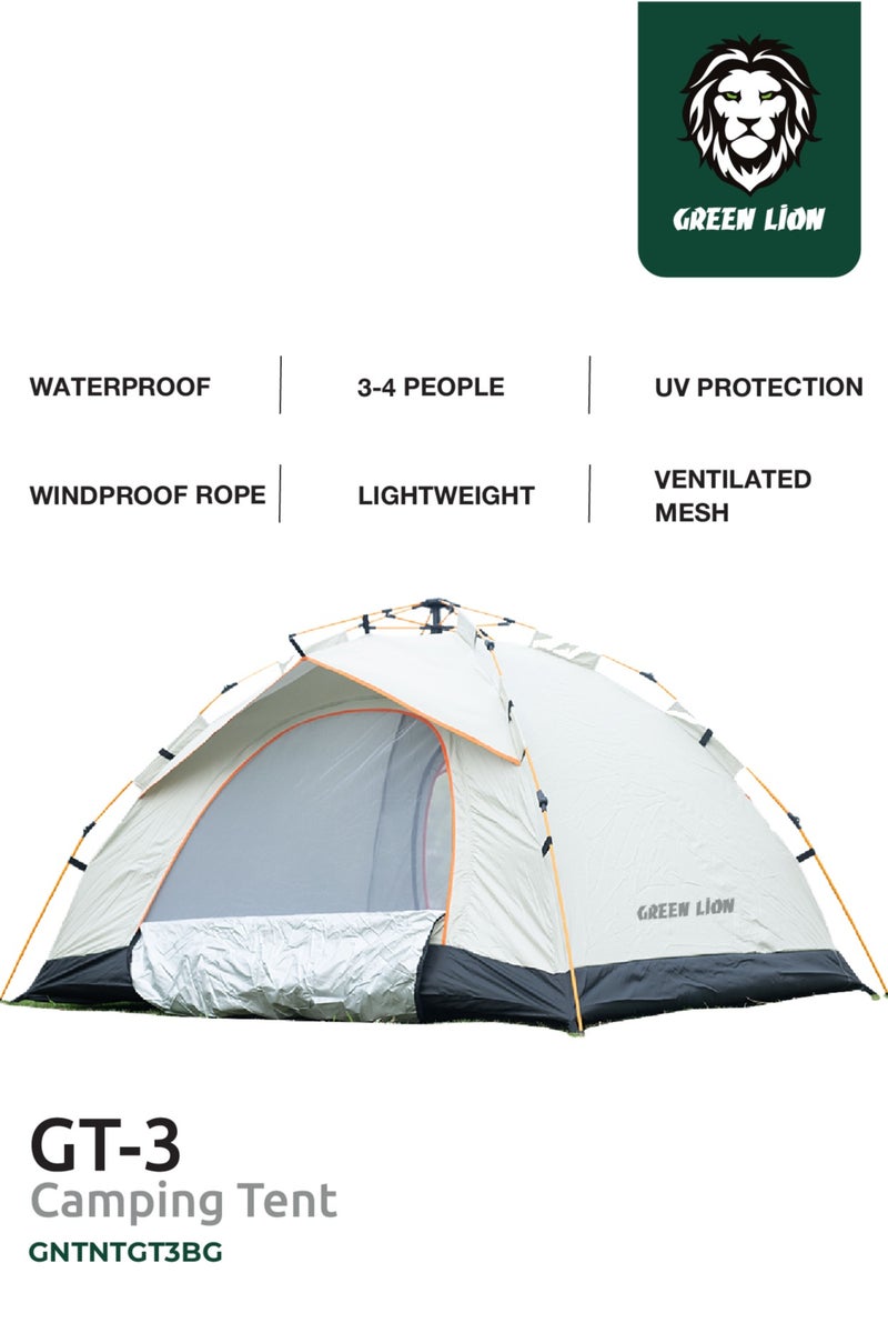 GREEN LION GT-3 Camping Tent / 3-4 People Capacity / 210D Oxford Floor / Polyester Silver Coating Fly / UV Protection / Lightweight / Waterproof / Ventilated Mesh / Windproof Rope - Beige - Image 1