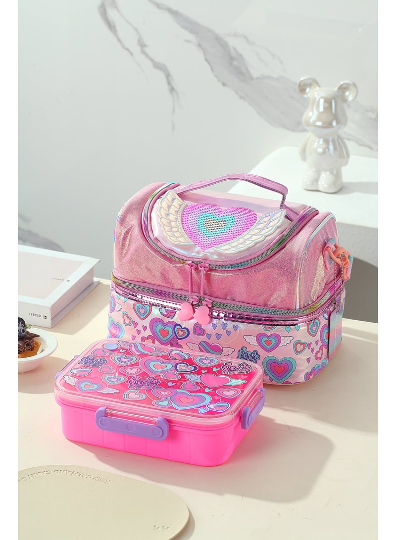 VEST Kids Lunch Bag, Heart Angel Wings Glitter Insulated Lunch Bag, Portable Double Layer Thermal Lunch Box Bag for Girls 25.5×16.5×17cm - Image 2