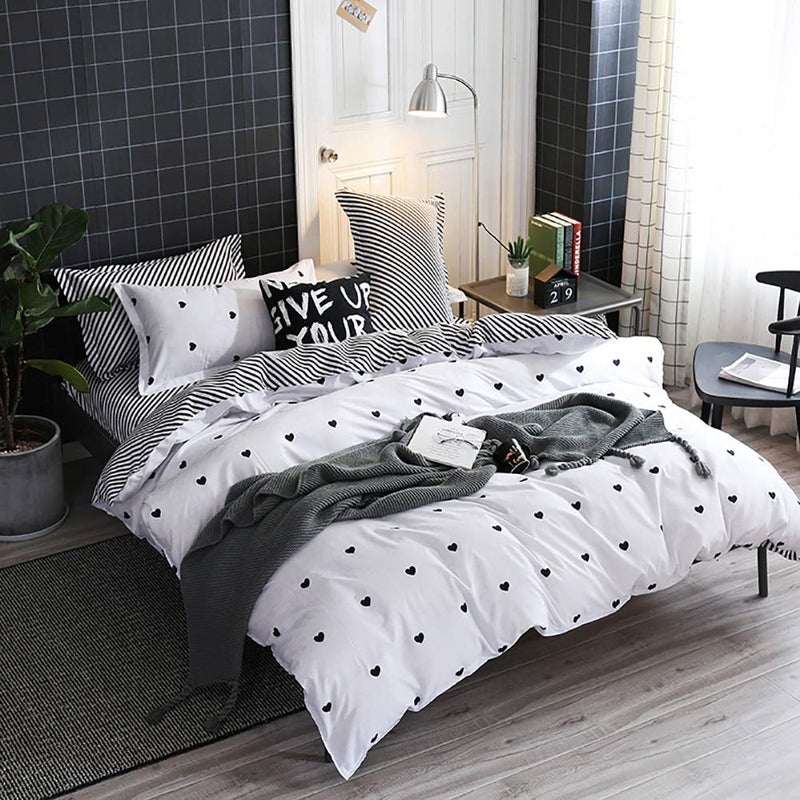 Nayoroom Omelas Kids Heart Love Queen Duvet Cover Set Black and White Teens Girls Lovely HeartShaped Pattern Striped Reversible FullQueen Bedding Soft Breathable Quality Brushed Microfiber 3 PcsXDQ 