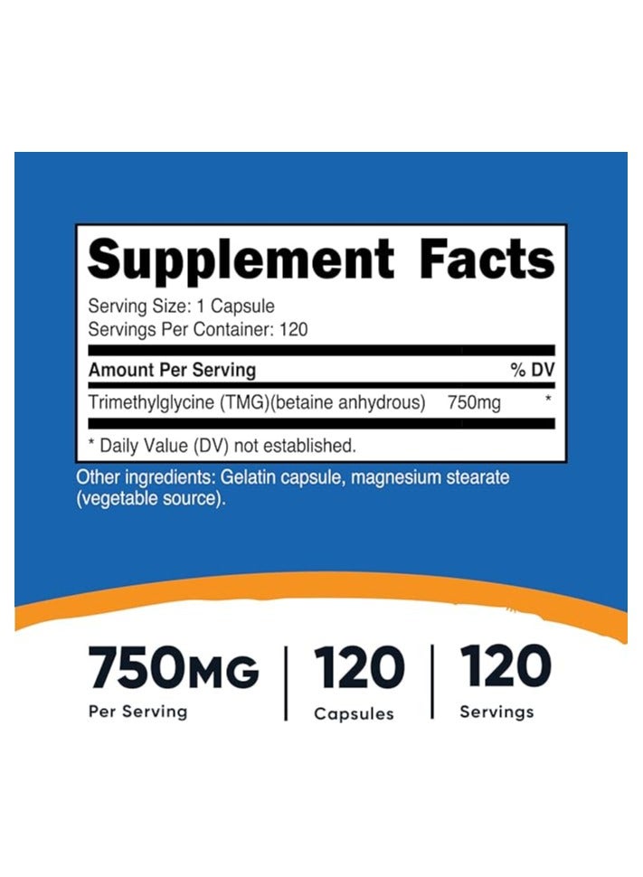 Nutricost TMG Trimethylglycine, Supports Cardiovascular Health And Liver Function, 750mg, 120 Capsules - Image 2