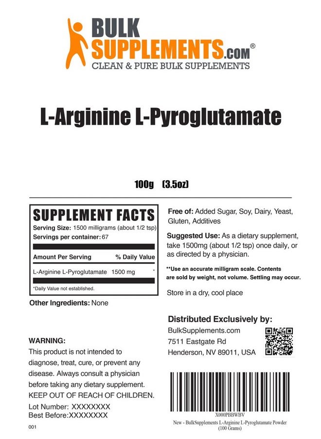 BULKSUPPLEMENTS.COM - L Arginine L Pyroglutamate Powder Arginine Supplement Nitric Oxide Supplement L Arginine Powder Nitric Oxide Powder 1500Mg Per Serving (100 Grams 3.5 Oz) - Image 1