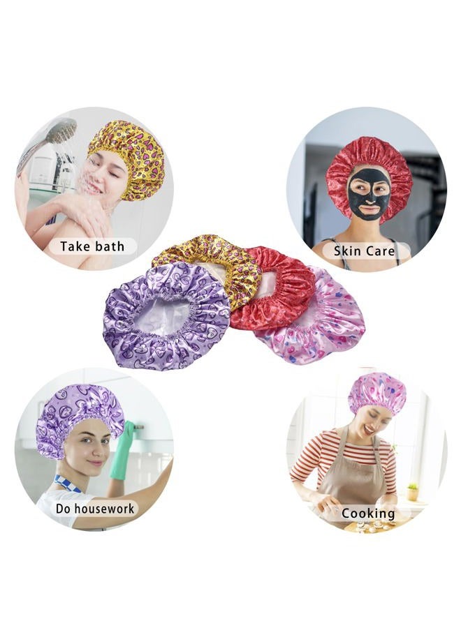 CHFONG 4 PCS Shower Cap for Women, Elastic and Reusable Bath Caps, Double Layers Shower Caps Reusable Waterproof, Bathing Shower Caps, Environmental Bath Hair Protection Cap - Heart - Image 4