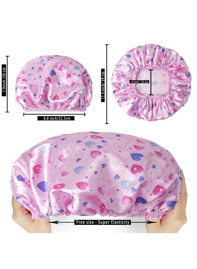 CHFONG 4 PCS Shower Cap for Women, Elastic and Reusable Bath Caps, Double Layers Shower Caps Reusable Waterproof, Bathing Shower Caps, Environmental Bath Hair Protection Cap - Heart - Image 3