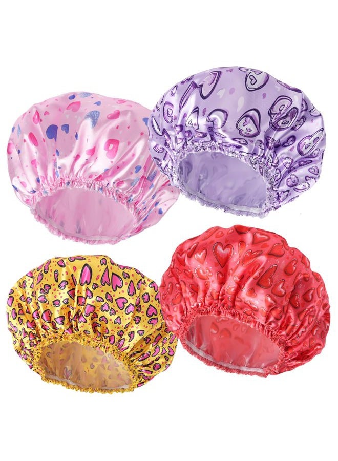 CHFONG 4 PCS Shower Cap for Women, Elastic and Reusable Bath Caps, Double Layers Shower Caps Reusable Waterproof, Bathing Shower Caps, Environmental Bath Hair Protection Cap - Heart - Image 1