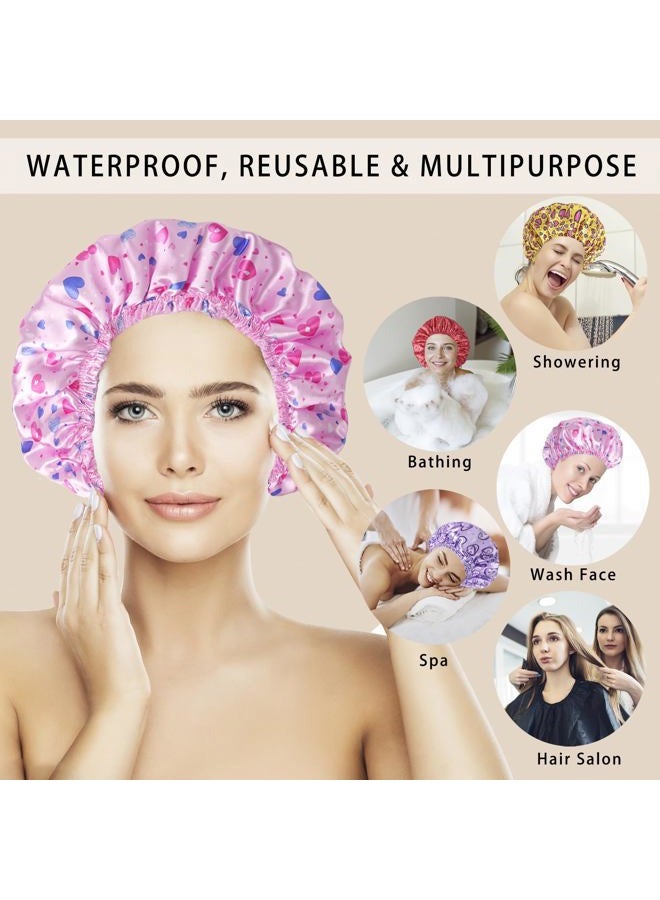 CHFONG 4 PCS Shower Cap for Women, Elastic and Reusable Bath Caps, Double Layers Shower Caps Reusable Waterproof, Bathing Shower Caps, Environmental Bath Hair Protection Cap - Heart - Image 2