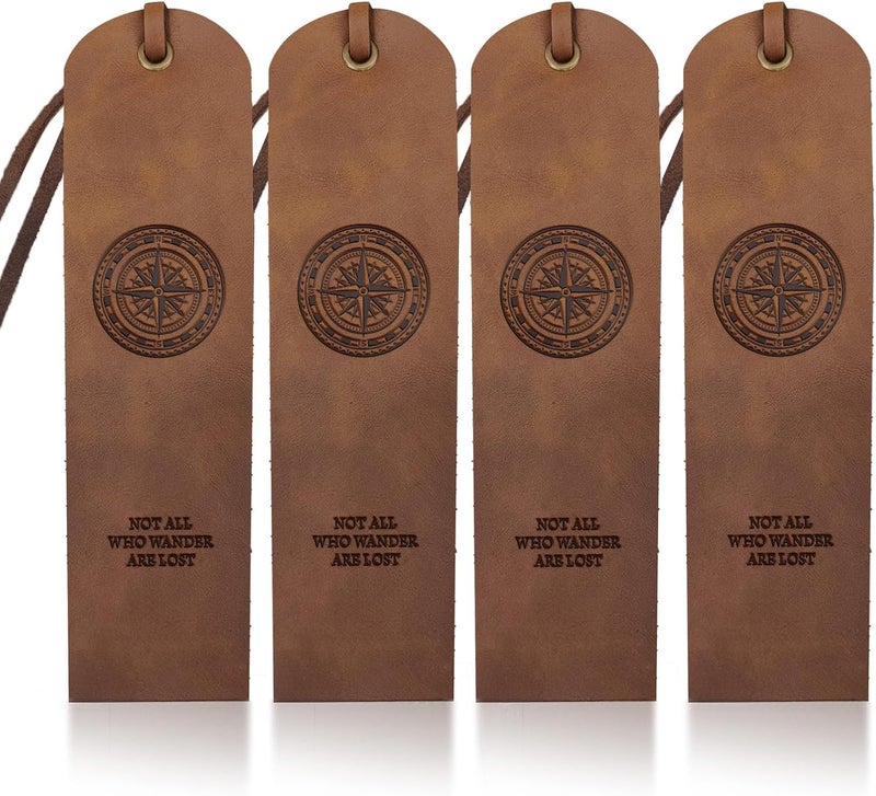 MAYJOYDIY 4pcs Compass Leather Bookmarks 2×7inch Classic Nautical Compass Handmade Genuine Leather Book Markers for Writers Book Lovers and Bookworms - Image 1