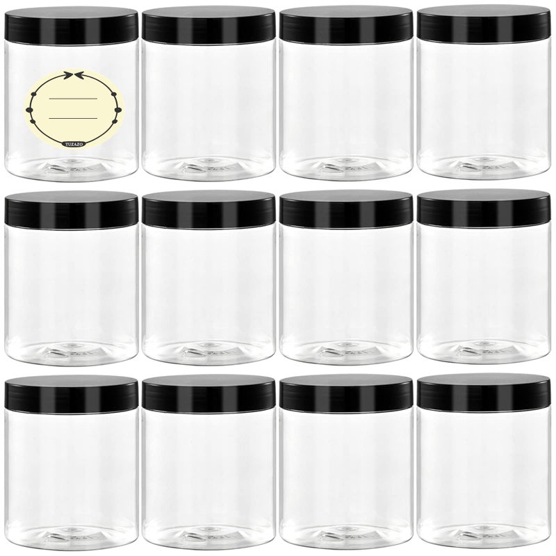 TUZAZO 8 Oz Plastic Container Jars with Lids and Labels BPA Free, Empty Round Clear Cosmetic Containers Plastic Slime Jars for Lotion, Cream, Ointments, Body Butter, Makeup, Travel Storage (12 Pack) - Image 1
