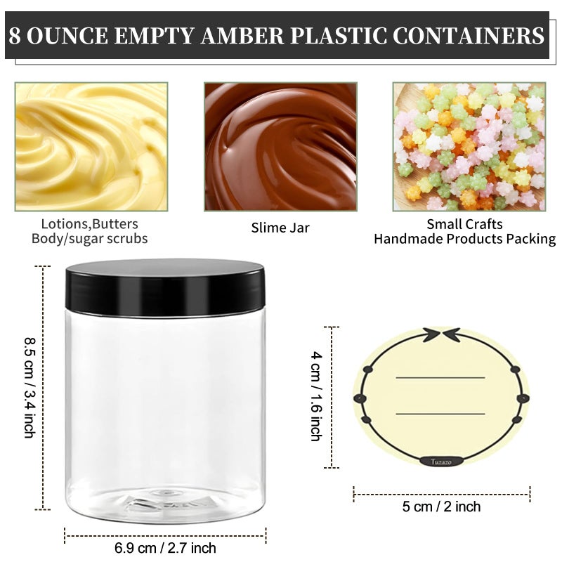 TUZAZO 8 Oz Plastic Container Jars with Lids and Labels BPA Free, Empty Round Clear Cosmetic Containers Plastic Slime Jars for Lotion, Cream, Ointments, Body Butter, Makeup, Travel Storage (12 Pack) - Image 2