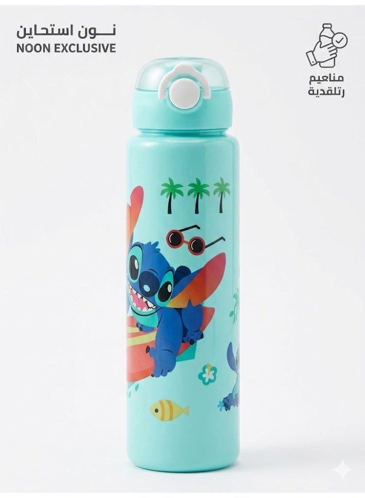 Disney Stitch-themed water bottle for kids and students - 500-600ml capacity - turquoise color with a secure flip-top lid, suitable for school, trips, and clubs