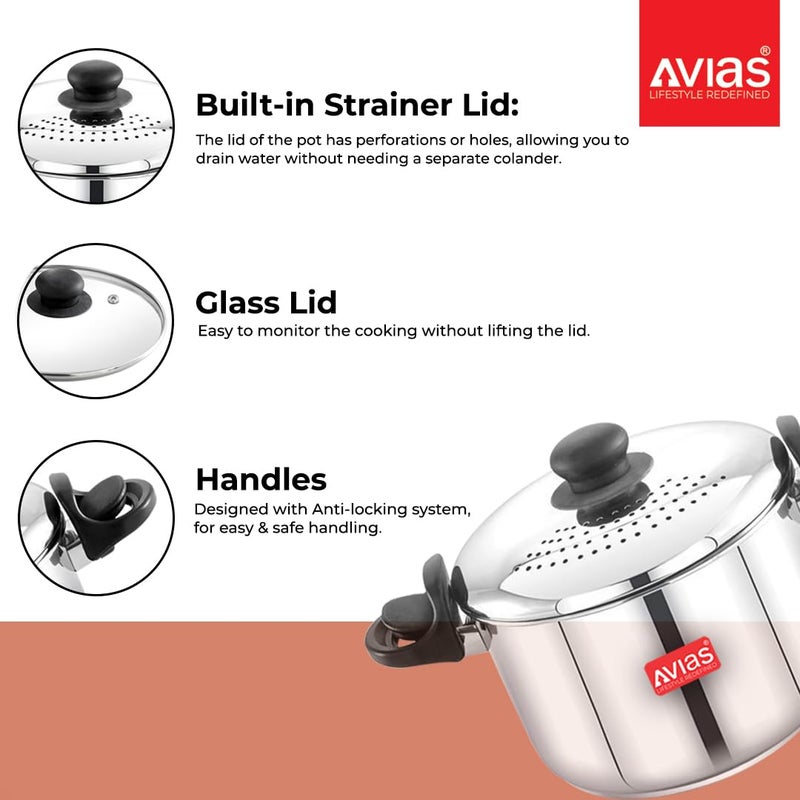 Avias Stainless Steel Cookware Pasta, Noodle Strainer Pot with Lid - 3.7 Litre/Rice, Veggies Stainer Pot, Handle with Lock/Induction Base - Image 2
