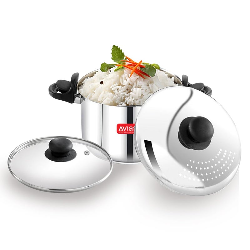 Avias Stainless Steel Cookware Pasta, Noodle Strainer Pot with Lid - 3.7 Litre/Rice, Veggies Stainer Pot, Handle with Lock/Induction Base - Image 1