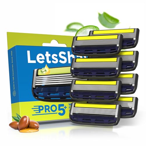 LetsShave Pro 5 Plus Manual Shaving Razor Blades Refills (Cartridge), Pack of 8, World's First Curved Blade with Vitamin E & Argan Oil Lubricating Strip, Blades for Men - Image 1