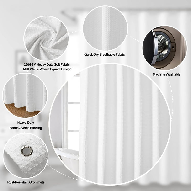 MISS SELECTEX Matt Waffle White Shower Curtain for Bathroom  Waterproof 230 GSM Heavy Duty Durable Fabric Hotel Shower Curtain Machine Washable(72Wx72H  White) - Image 2