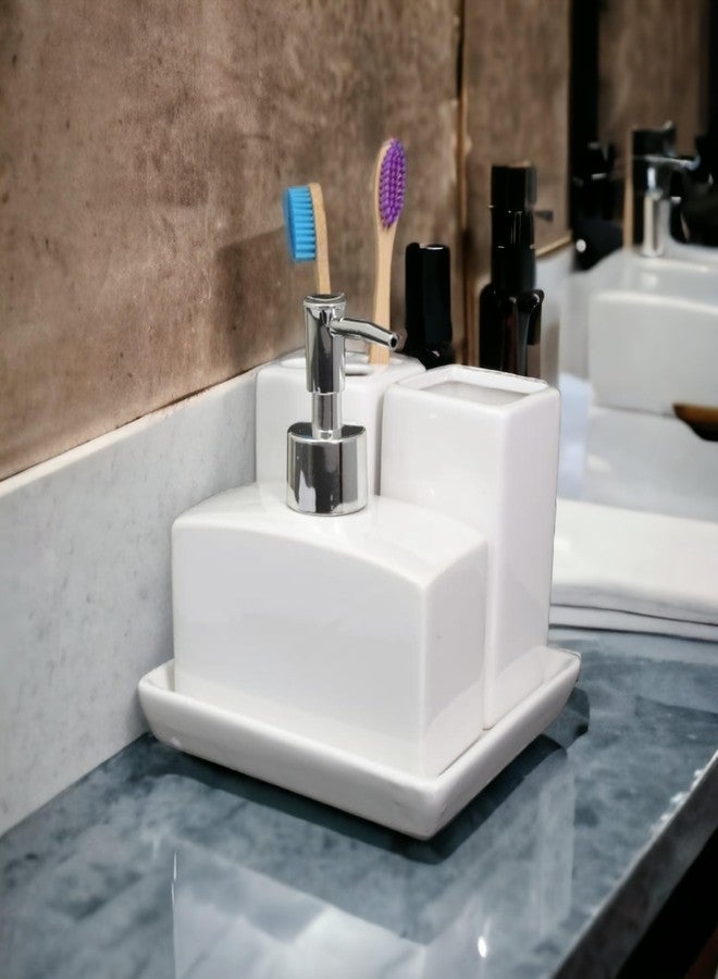 Whizzo® Ceramic Durable 4 Pieces Bathroom Set Liquid Soap Dispenser, Toothbrush Holder, Soap Dish, Tumbler Holder (White) - Image 4