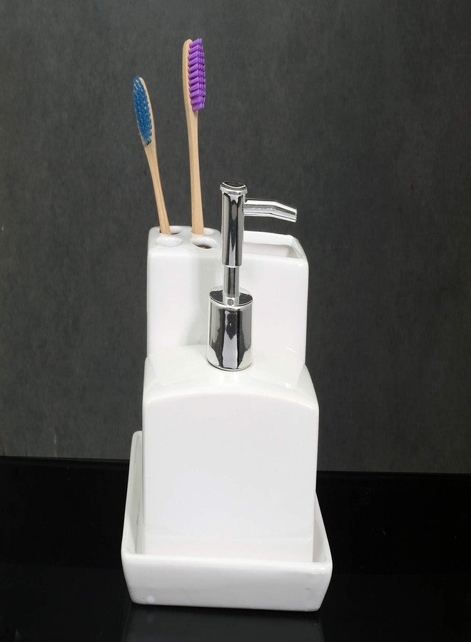 Whizzo® Ceramic Durable 4 Pieces Bathroom Set Liquid Soap Dispenser, Toothbrush Holder, Soap Dish, Tumbler Holder (White) - Image 2