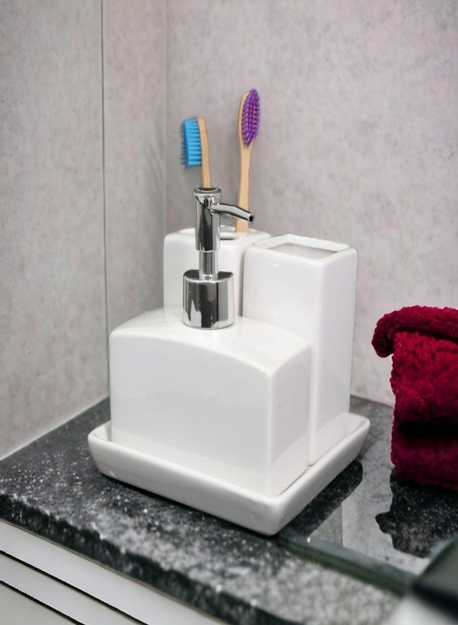 Whizzo® Ceramic Durable 4 Pieces Bathroom Set Liquid Soap Dispenser, Toothbrush Holder, Soap Dish, Tumbler Holder (White) - Image 3