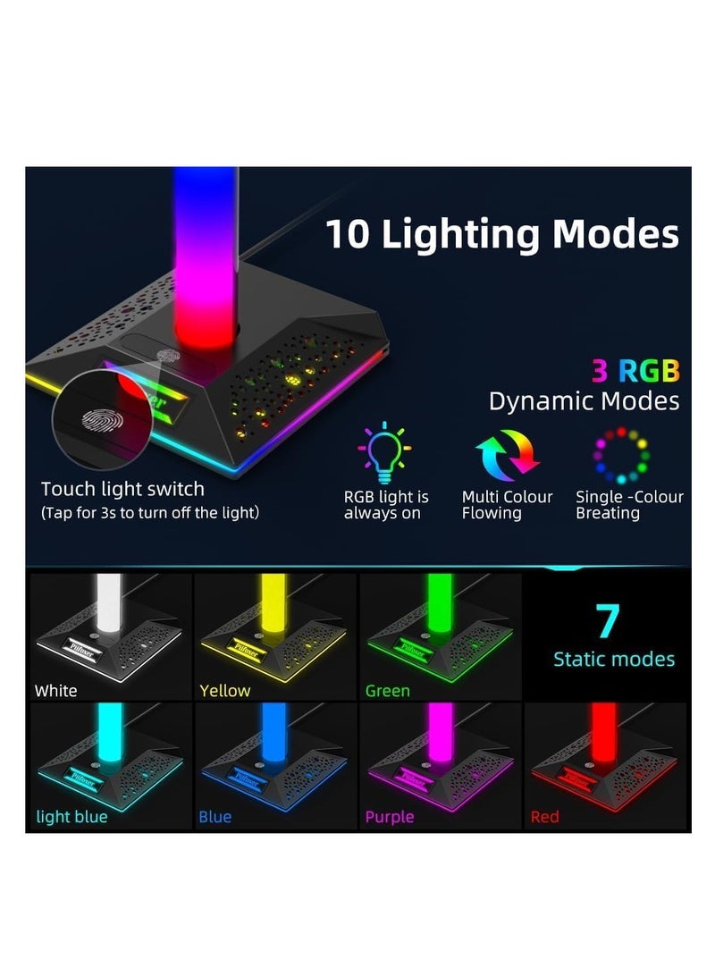 RGB Gaming Controller Holder and Headphone Stand with USB and Type-C Charging, 10 Light Mode Controller Stand and Universal Headset Accessories for Desk Gamers. - Image 2
