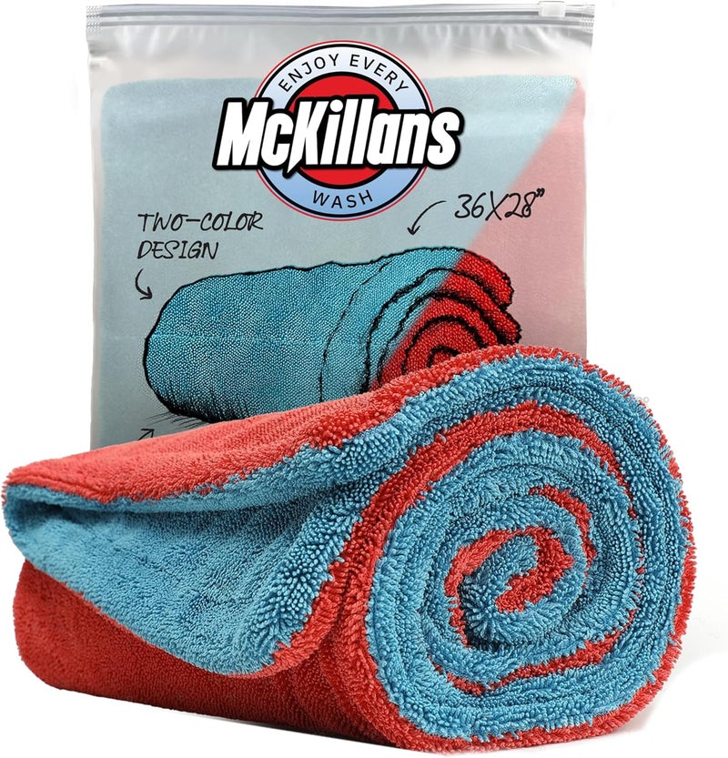 McKillans منشفة تجفيف السيارات كبيرة الحجم مزدوجة اللون من ماكيلانز® XL - بدون حواف & فائقة النعومة & عالية الامتصاص - 36 × 28 بوصة - 1200 GSM من الألياف الدقيقة الملتوية الحلقية لتجفيف السيارات ثابت ومنقول - Image 1