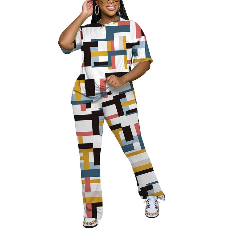 PINSV Womens Sets 2 Piece Outfits Casual Short Sleeve Top and Flare Pants Lounge Sets Tracksuit Multicolour L - Image 5