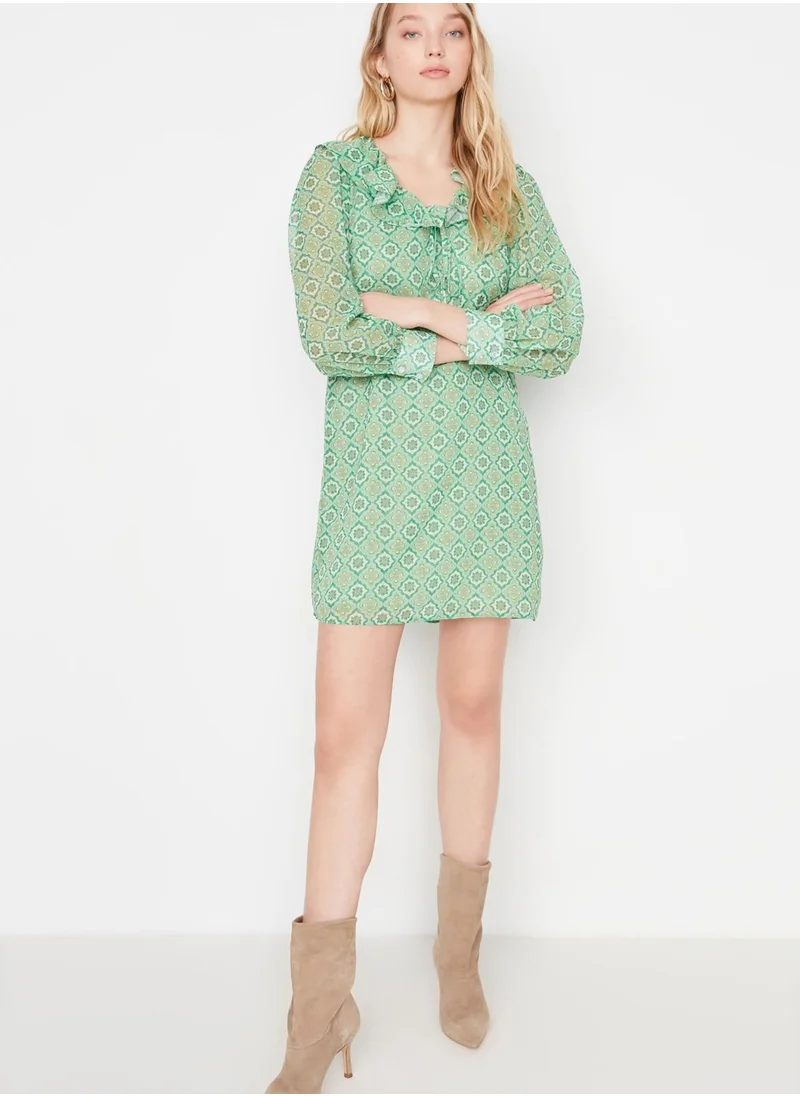 trendyol Ruffle Neck Printed Dress