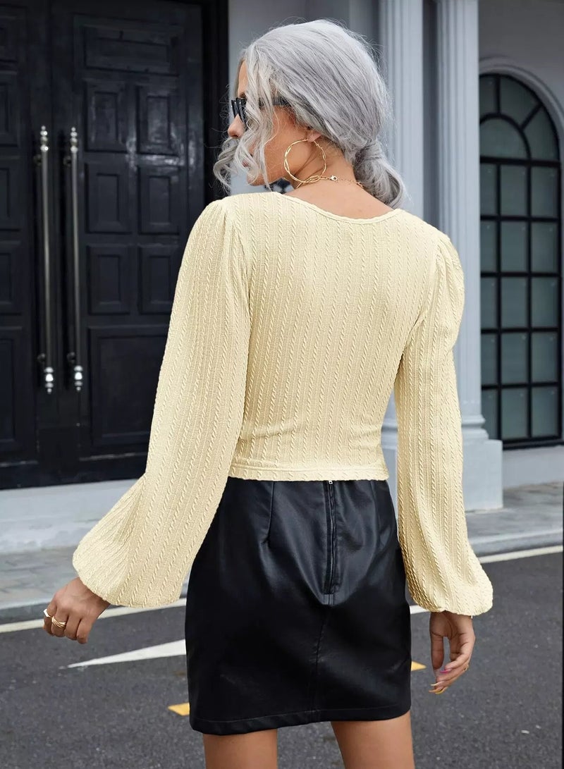 Cable Textured Lantern Sleeve Tee  - Image 2