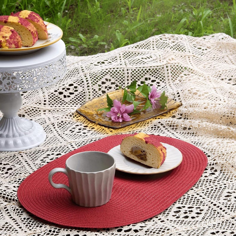 Noctiflorous حوامل طاولة بيضاوية مضفرة، مقاس 30.5 × 45.7 سم، حوامل طاولة مستديرة لطاولات الطعام، منسوجة طبيعياً مقاومة للحرارة، مجموعة من 6 قطع (أحمر بيضاوي) - Image 4