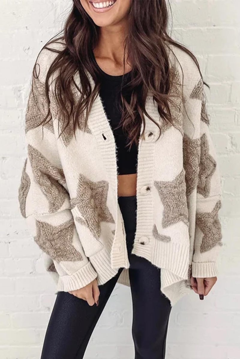 KevaMolly Womens Cardigan Sweater Z Apricot Sherpa Star Pattern Textured Sweater Cardigan with Pockets Stars Casual Sweater Coat L - Image 2