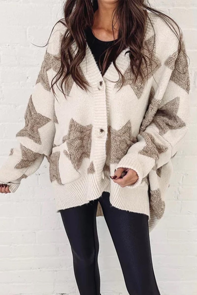 KevaMolly Womens Cardigan Sweater Z Apricot Sherpa Star Pattern Textured Sweater Cardigan with Pockets Stars Casual Sweater Coat L - Image 5