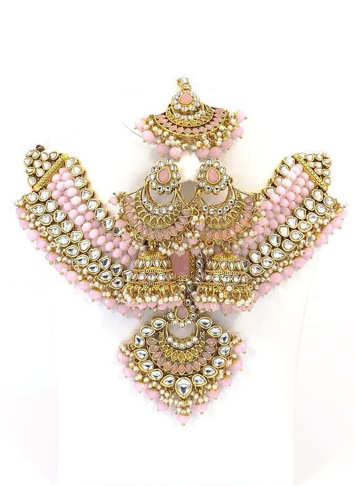 جوهونا قلادة مجوهرات كوندان الهندية التقليدية من GOHONA Royal Bling Bollywood مع مجموعة أقراط و 1 Tikka باللون الوردي  - Image 1