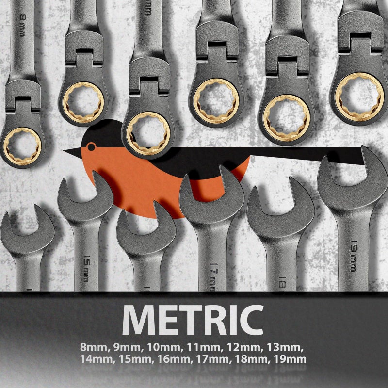 SUZUME 12-Piece (8mm-19mm) Flex Head Ratcheting Wrench Set with 72 Teeth 180Â° Flex Head Metric Ratcheting Wrench Set Cr-V Steel Rust-Resistant Ratchet Wrenches Set For Bicycle, Motorcycle, Car - Image 5