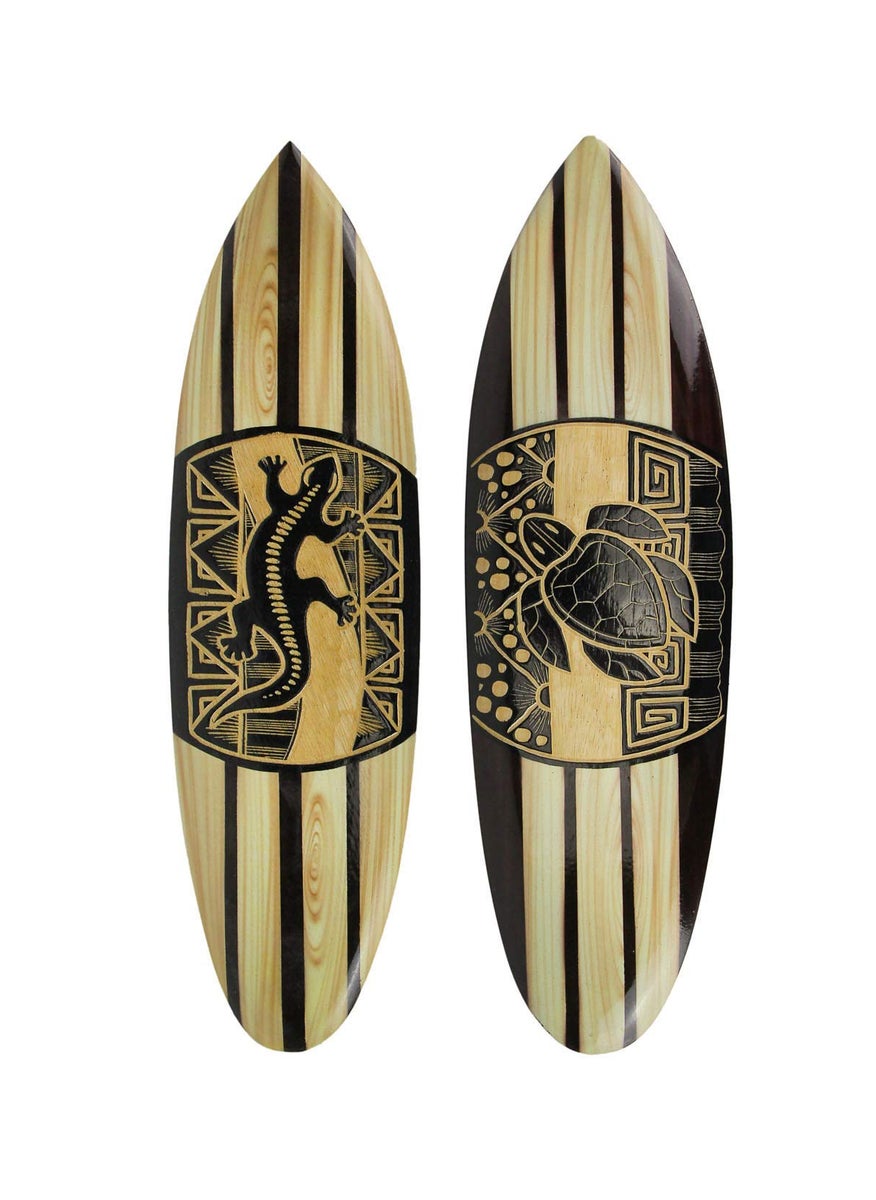 Chesapeake Bay Ltd Chesapeake Bay Ltd Pair of Exquisite HandCarved Wooden Surfboards TikiInspired Decor Featuring Intricate Lizard and Turtle Designs  20 Inch Long Wall Hanging Artistry 