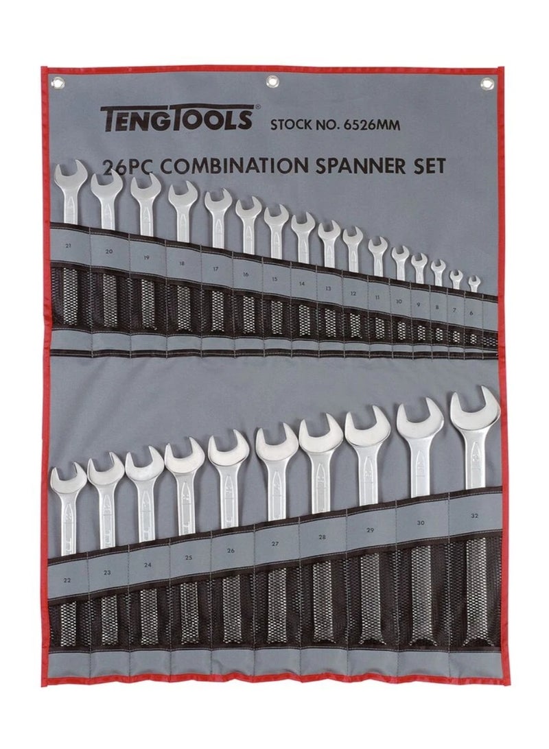 Combination Spanner Set 6–32mm (26 Pieces), 15° Offset Cr-V Steel Wrenches, Satin Finish, Hip Grip Design, Tool Roll Wallet for Automotive & Industrial Use – TT-6526MM