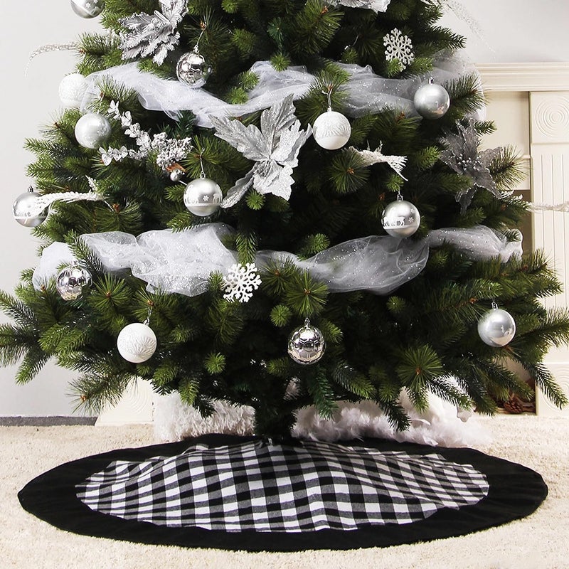 Medoore Black and White Buffalo Plaid Check Christmas Tree Skirt 48 inches, Country Xmas Tree Decorations Tree Skirts Double Layers Holiday Ornaments - Image 5