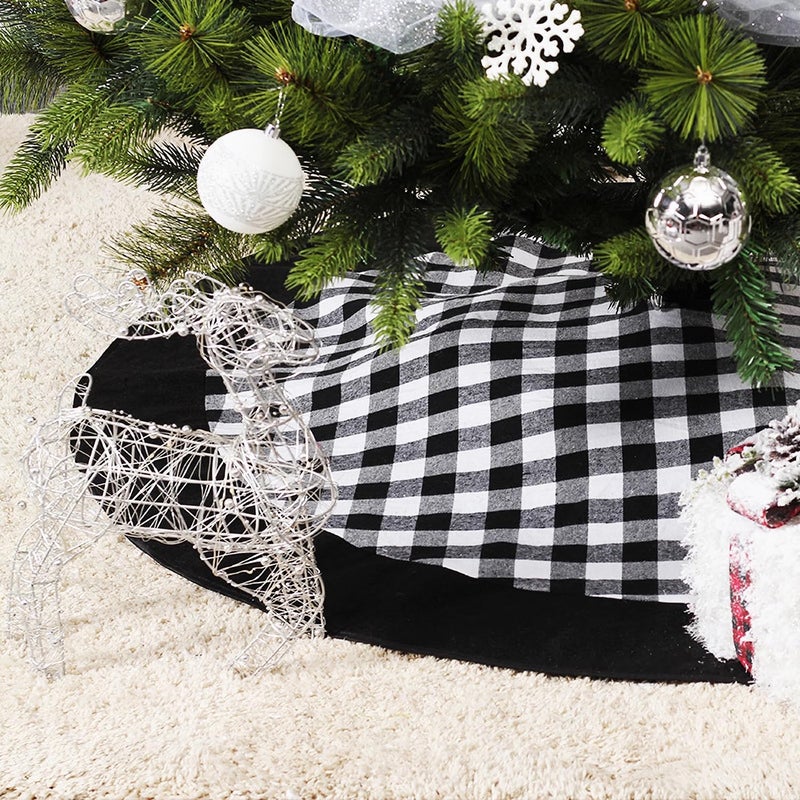 Medoore Black and White Buffalo Plaid Check Christmas Tree Skirt 48 inches, Country Xmas Tree Decorations Tree Skirts Double Layers Holiday Ornaments - Image 4
