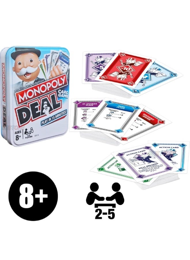 Monopoly Deal Family Card Game In Sturdy Storage Tin, Fast Dealing Property Trading Game for Ages 8 and Up and 2-5 Players (110 Cards and Game Rules)