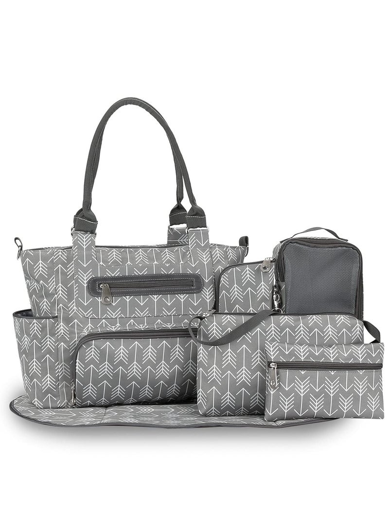 Diaper Bag Set Of 6 With Stroller Hooks And Nappy Changing Mat, Nappy Baby Bag, Travel Beach Shopping Baby Bag, Multifunctional Mummy Bag, Cosmetic, Wet Dry Pouch, Grey - Image 1