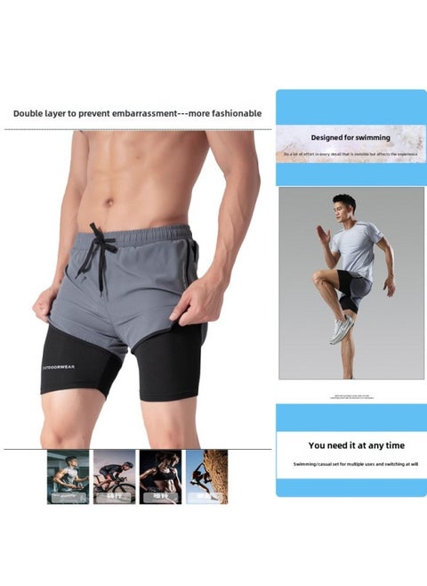 Men's Swim Trunks Swimming Trunks Men's Sports Double Layer Awkward Quick-drying Breathable Loose Shorts Beach Pants Three-point Running Pants-Color:Space Gray (double Layer To Prevent Embarrassment) 1001-Size:5xl 65-70kg