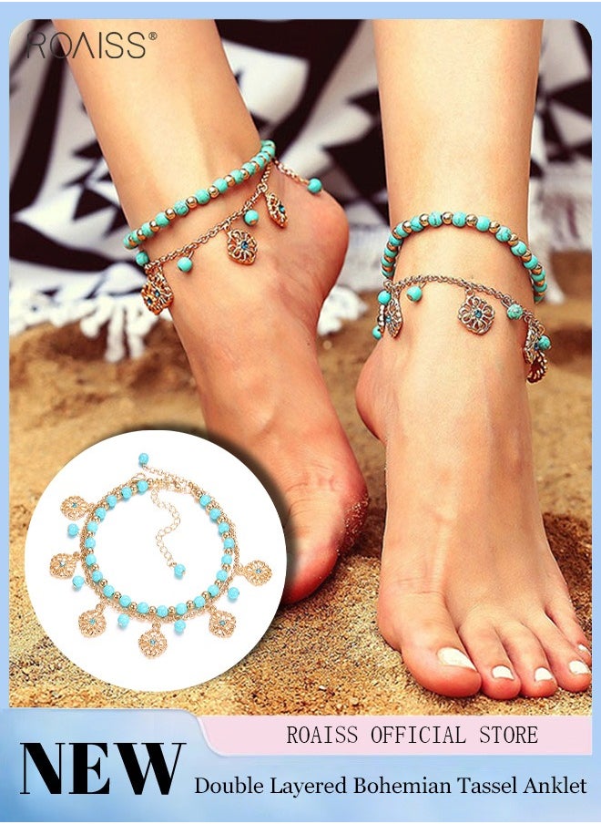 roaiss Women's Fashion Anklet Double Layer Tassel Bohemian Style Anklet Beads Metal Combination Anklet Bracelet  - Image 1