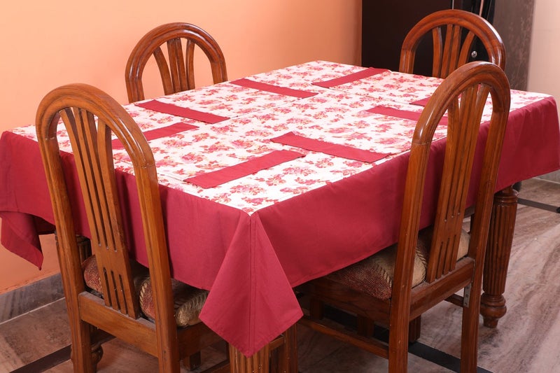 Dekor World Floral Printed Maroon Table Cover with Place Mat (Pack of 7) - Image 1