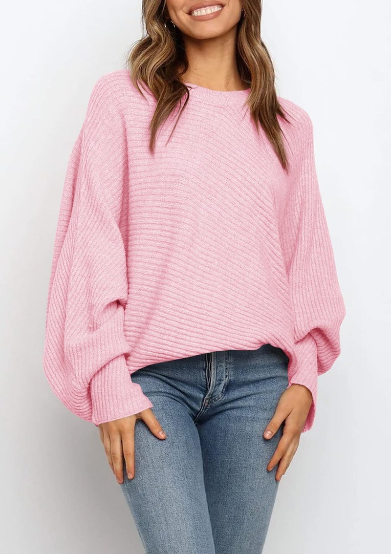 Mafulus Women's Oversized Crewneck Sweater Batwing Puff Long Sleeve Cable Slouchy Pullover Jumper Tops - Image 2